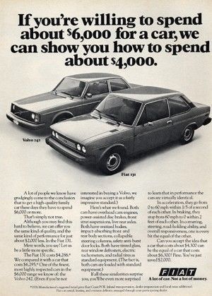 1976 fiat 131 2-door - volvo comparison - classic vintage advertisement ad
