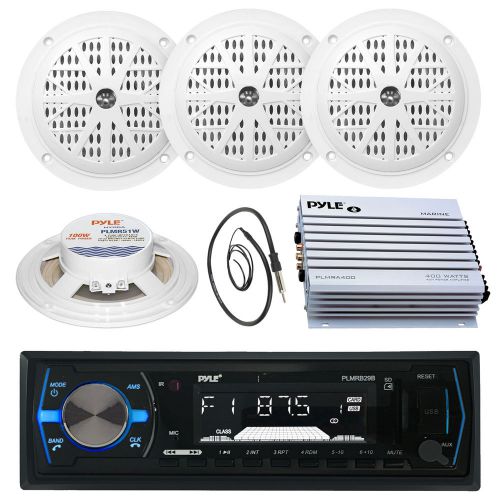 White pyle 5.25&#034; 100w speakers, antenna, pyle aux am fm receiver, 400w amplifier