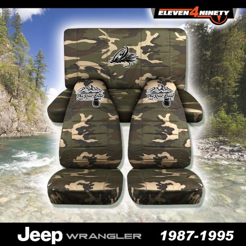 1987-1995 jeep wrangler yj green camo seat covers w/ custom fly fishing design
