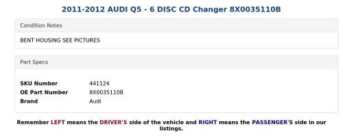 2011-2012 audi q5 - 6 disc cd changer 8x0035110b