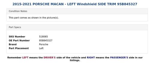 2015-2021 PORSCHE MACAN - LEFT Windshield SIDE TRIM 95B845327, US $29.99, image 3