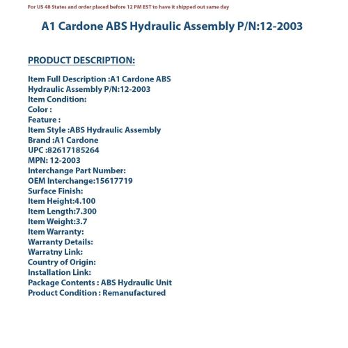 Cardone reman abs hydraulic assembly p/n:12-2003