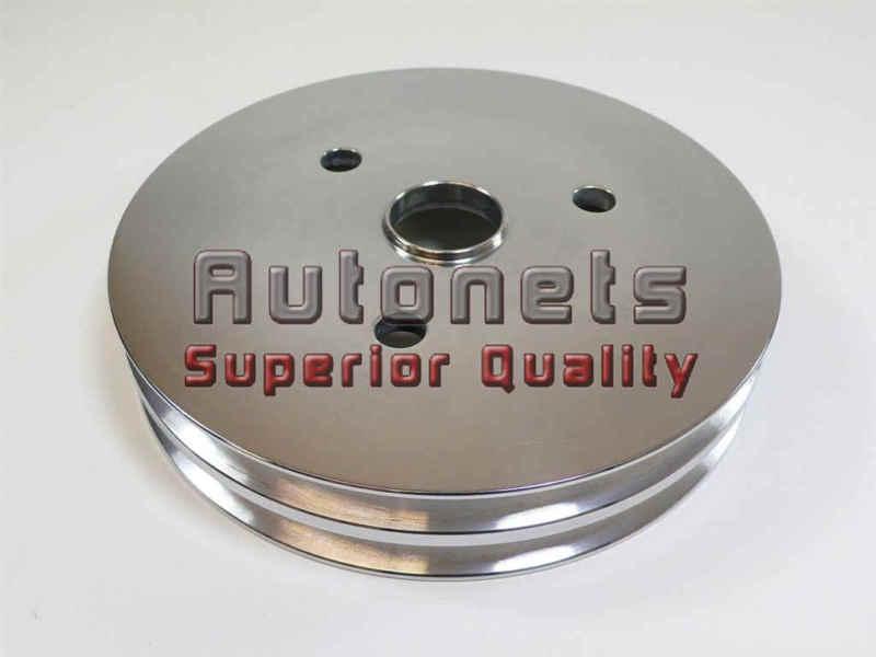 Polished aluminum sb chevy crankshaft pulley short water pump 2 groove hot rod