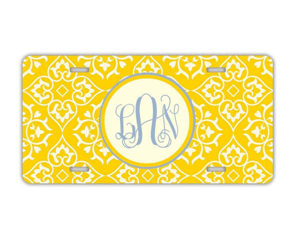 Customized license plate - bright yellow w blue - monogrammed car tag (9913)