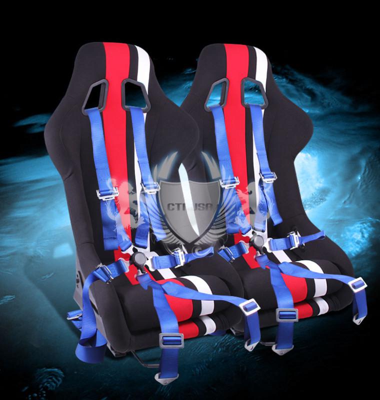 2x black/red white stripe fabric racing bucket seats+6pt blue belt camlock strap