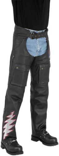 River road grateful dead steal your face moto leather pants/chaps,green,large/lg