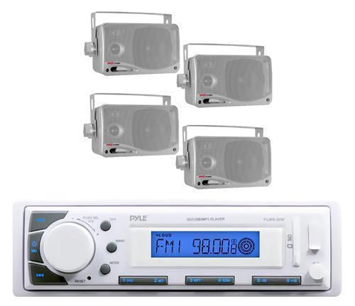 White color marine boat yacht in dash mp3 stereo player &amp; 4 silver box speakers