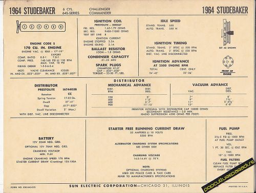 1964 studebaker challenger/commander 170 ci 64s car sun electronic spec sheet