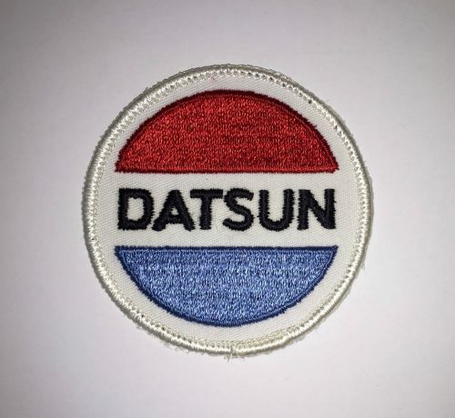 Vintage datsun embroidered patch - red, black &amp; blue on white - 3&#034; dia. (7.5cm)