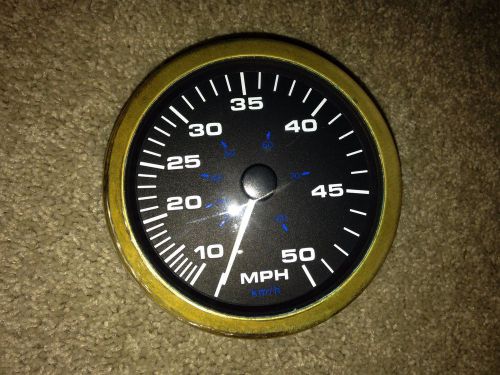 50 mph marine boat speedometer 4 3/4 black face &amp; gold bezel 63750f