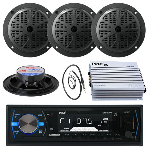 5.25&#034; marine black speakers, pyle aux am fm radio,antenna, 400w marine amplifier