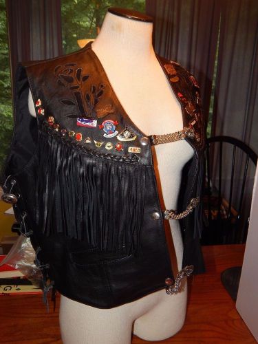 Women&#039;s leather vest sz xl harley davidson pins fringe conch lace up chains