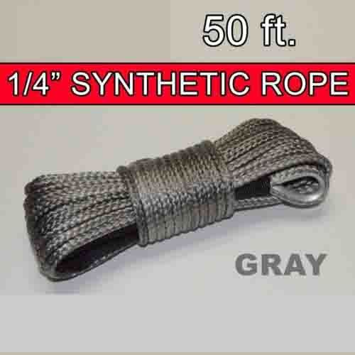 1/4&#034; x 50&#039; gray synthetic winch line cable rope 7000+ lbs with sheath (atv utv)