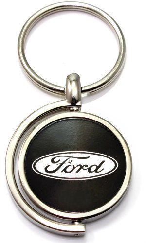 Black ford logo brushed metal round spinner chrome key chain ring spin fob