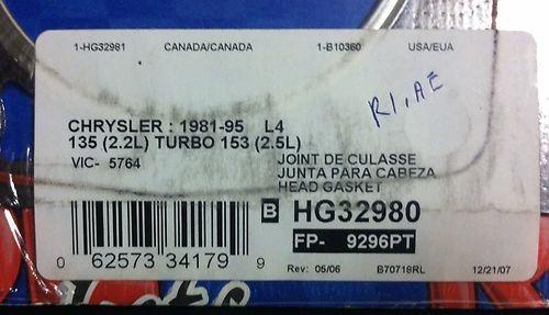 ROL HEAD GASKET (HG32980) CHRYSLER 1981-95 L4 134 (2.2L) TURBO 158 (2.5L), US $15.00, image 2