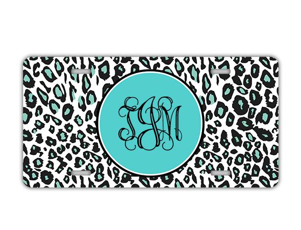 Monogrammed license plate - cheetah print w light blue vanity car tag (9895)