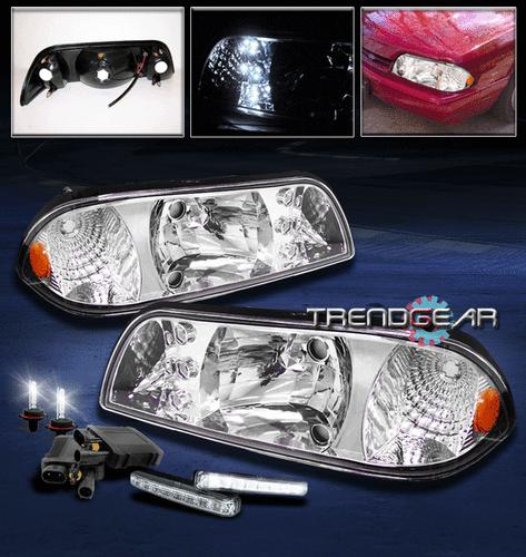 87-93 ford mustang led chrome crystal head light w/drl kit+6k hid 88 89 90 91 92