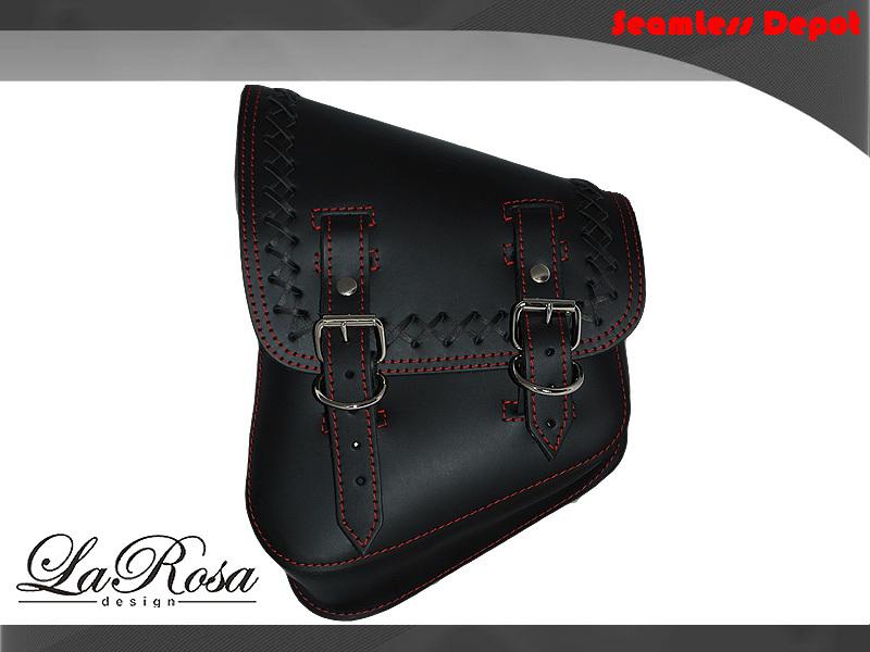 Larosa softail rigid black leather cross lace left saddlebag with red stitching