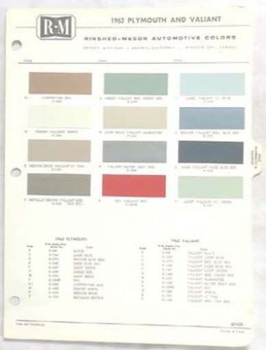 1963 plymouth r-m color paint chip chart all models original mopar