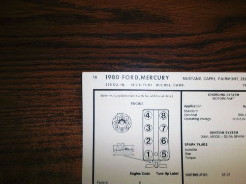 1980 mercury, ford &amp; mustang eight series 4.2 litre 255 ci v8 2bbl tune up chart