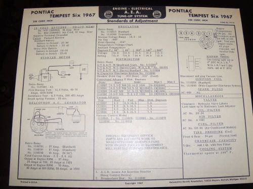 1 x vintage aea,tune up chart,1967 pontiac, tempest,6 cyl,free ship in us