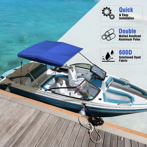 3 Bow Bimini Top Boat Cover with Rear Support, Blue, 6'L x 46"H x 79"-84"W, US $205.00, image 5