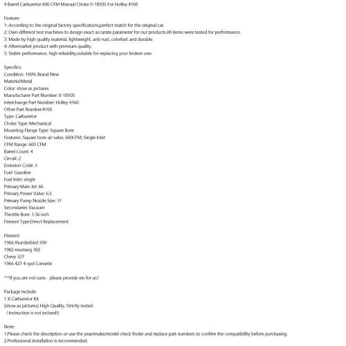 4 Barrel Carburetor 600 CFM Manual Choke 0-1850S For Holley 4160 U4, US $360.64, image 4