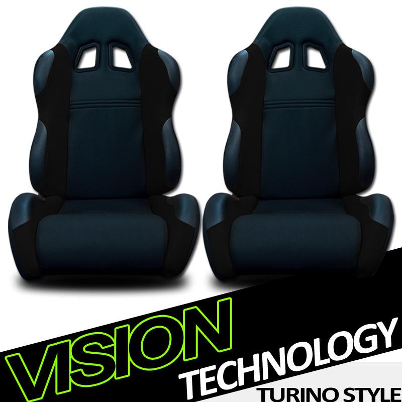 2x universal fit black fabric & pvc leather reclinable racing seats+sliders 26