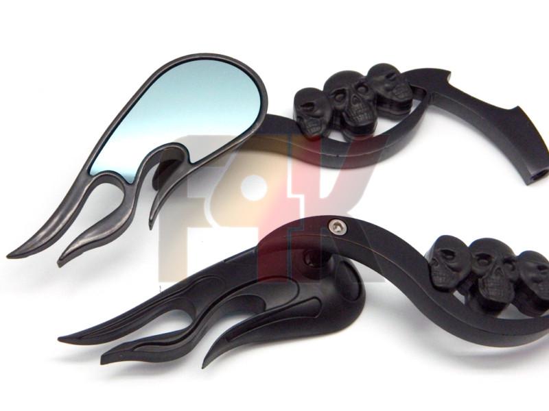 Black motorcycle cruiser chopper bobber custom flame skull rearview mini mirrors