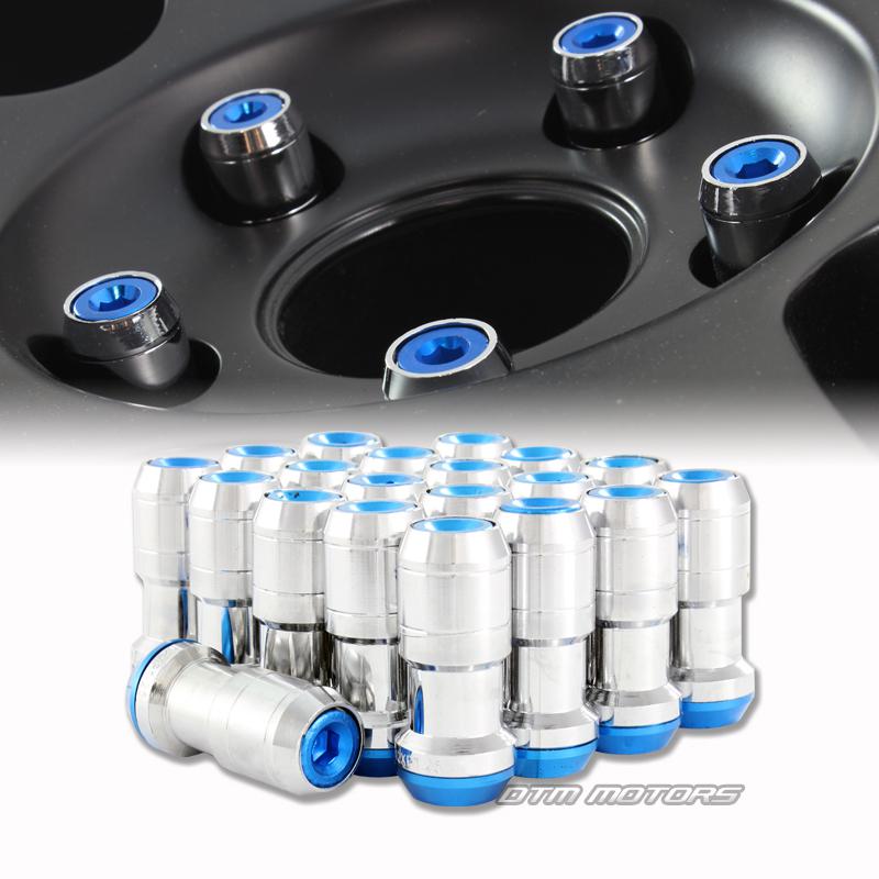 M12 x 1.25mm thread pitch 1.9" long wheel rim lug nuts - 20pc chrome / blue