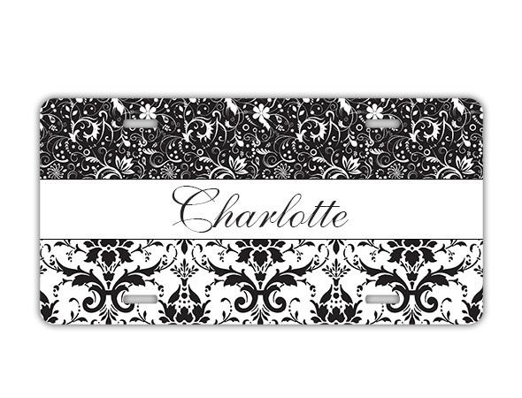 Pretty personalized license plate - black damask name monogrammed car tag (9733)