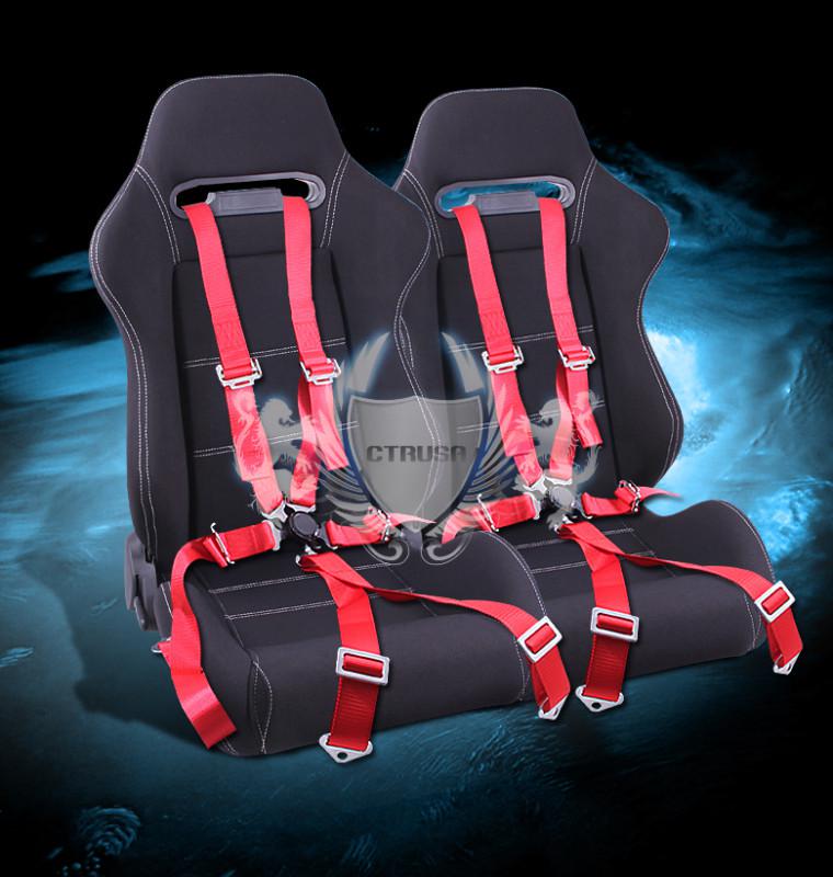 2x  blk fabric racing bucket seats white stitch+6-pt red belt camlock strap pair