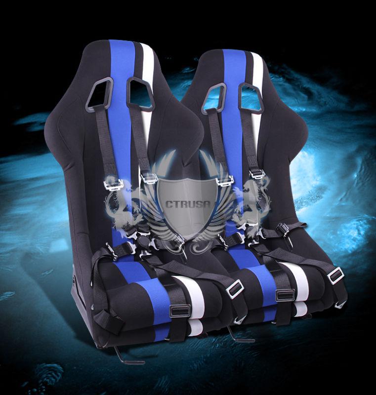 Buy 2x Universal Blk/Red White Stripe Fabric Racing Seat+5PT Blue