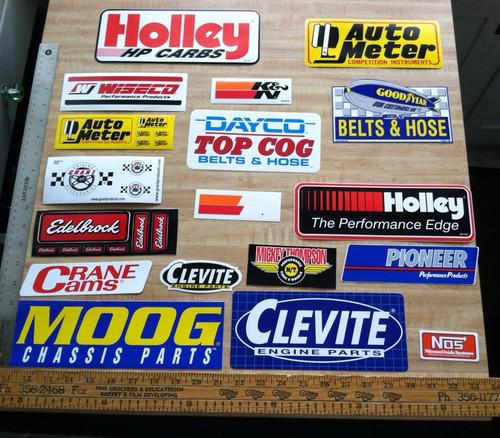 Lot of 18+ racing stickers. clevite goodyear holley edelbrock moog k&n nos
