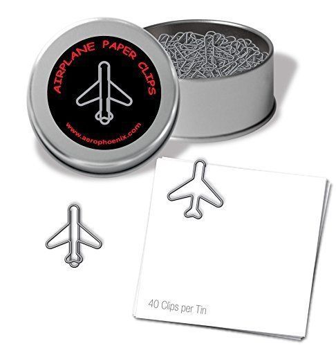 Aero phoenix jet airplane paper clips, tin of 40, silver