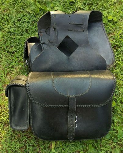 Genuine black leather side saddlebags for harley davidson or honda motorcycle