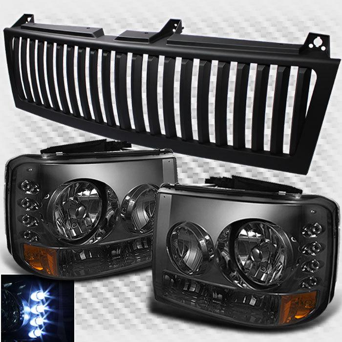 Smoked 99-02 silverado 2in1 sport grill+led smoke headlights set lamp pair set