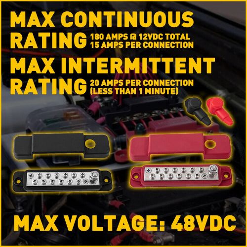 Black &amp; red 12 terminal busbar bus bar power distribution block 180a 12v dc pair