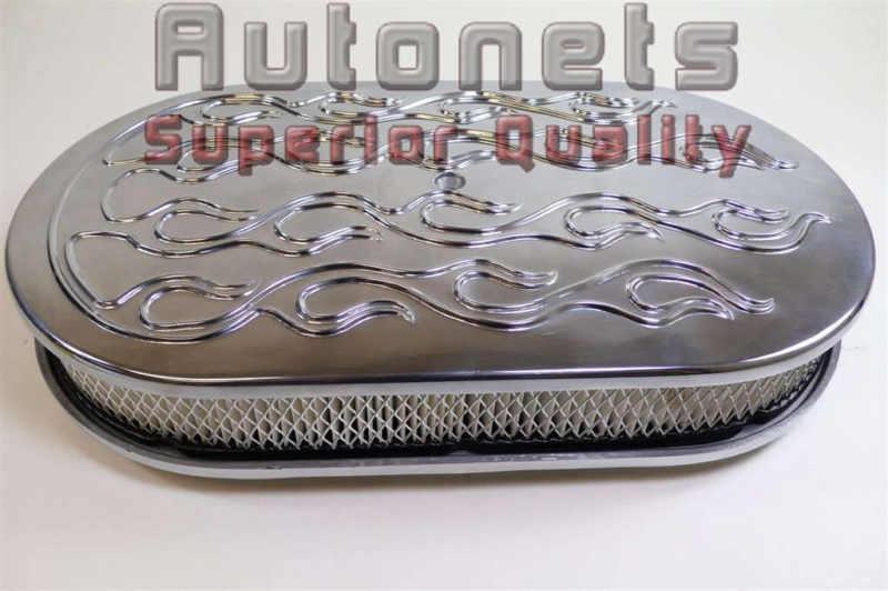 15" oval raise flame polished aluminum air cleaner breather universal fit