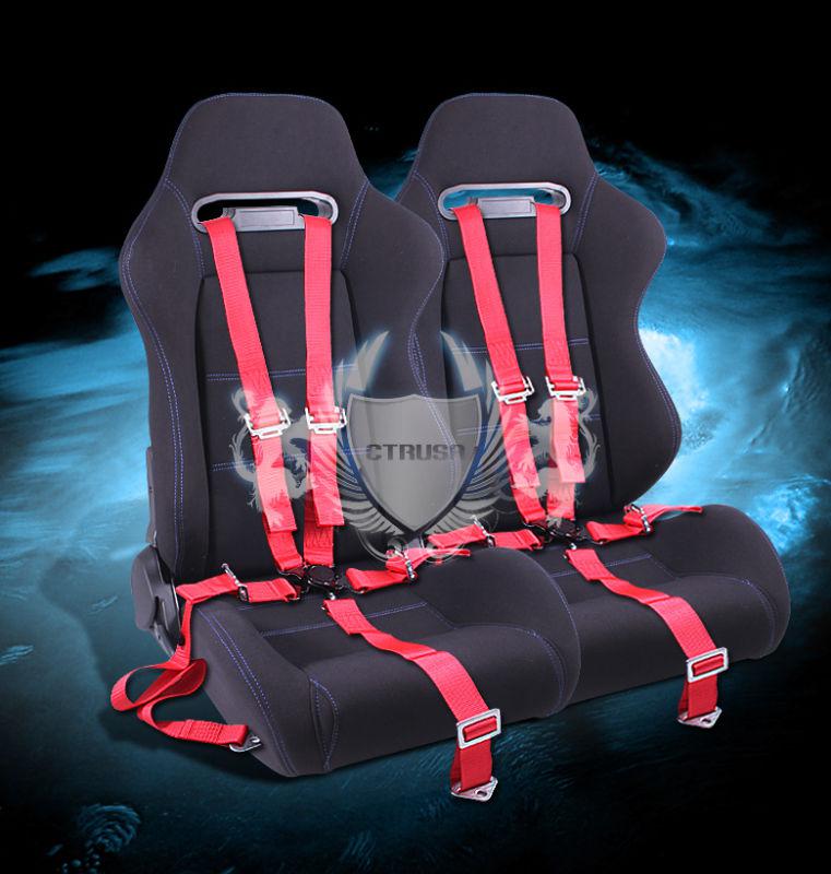 2x universal black/blue type-r fabric racing seat+5-pt camlock harness seat belt