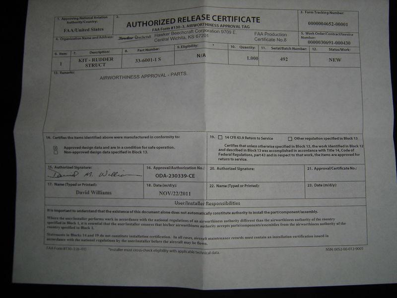 Beechcraft bonanza rudder structure modification kit