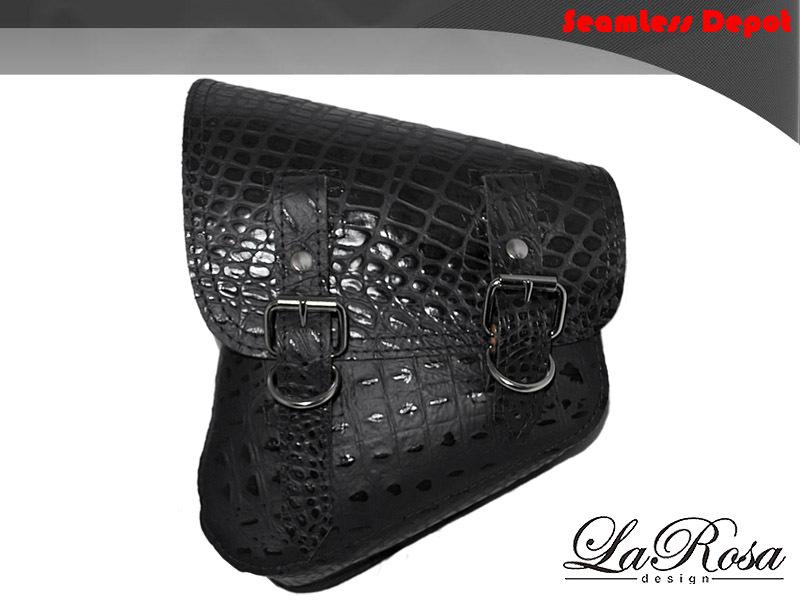 La rosa harley softail black alligator design leather left swing arm saddlebag 