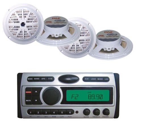 4x-5.25&#034; white 100w marine speakers + pldmr87 pyle mp3 cd dvd am fm marine radio