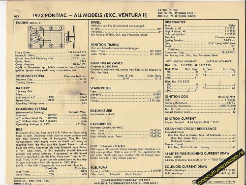 1973 pontiac all models 400 ci / 200-230 hp engine car sun electronic spec sheet