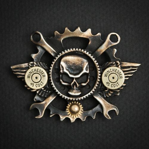 Winged steampunk skull pewter concho biker pin with .45 caliber shells