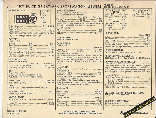 1971 buick gs/skylark/sportwagon/lesabre v8 350/260 car sun electric spec sheet