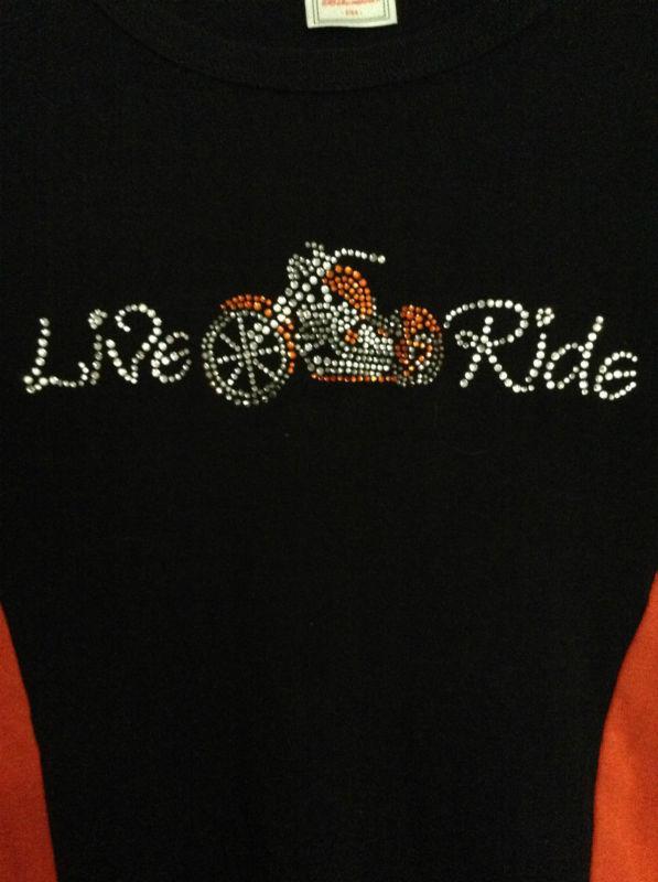 Orange & clear rhinestone live ride motorcycle shirt 