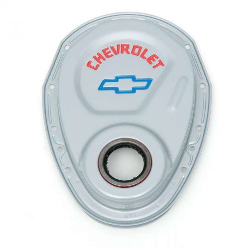 Chevy timing chain cover, small block, gray, with chevrolet script &amp; bowtie