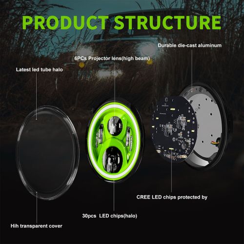 Pair 7" LED Headlight Hi/Lo DRL Beam for Jeep Wrangler JK LJ TJ CJ Green Lens, US $82.99, image 4