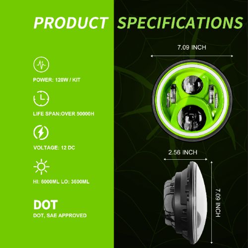 Pair 7" LED Headlight Hi/Lo DRL Beam for Jeep Wrangler JK LJ TJ CJ Green Lens, US $82.99, image 5